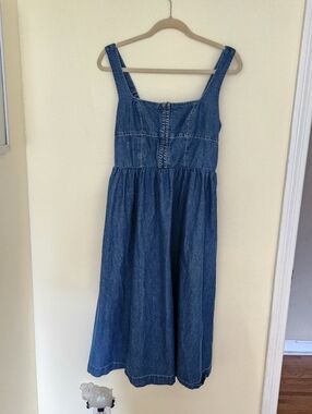 LONE STAR Denim Hook & Eye Corset midi western dress smocked 100% Cotton boho M